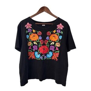 Sabaku Huipil t-shirt women's large black colorful floral Mexican festival art